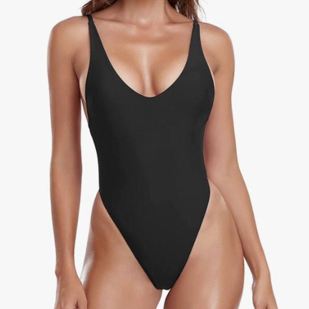 Amazon Black One Piece Thong Swimsuit Size Medium
